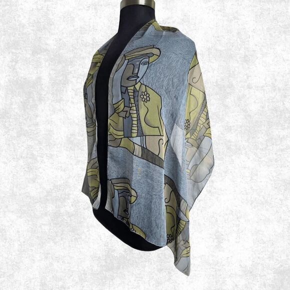 Sheer Abstract Art Scarf Wrap – Picasso Style Print – Lightweight Festival Layer - Picture 4 of 5